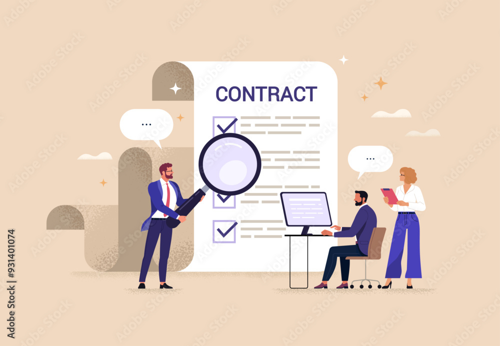 Poster Employee Contract Concept. Vector illustration in flat style of a group of people in business suits writing and discussing a document with contract clauses. Isolated on background 