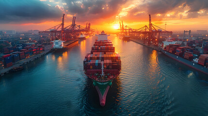 Naklejka premium Bustling Cargo Port at Sunrise or Sunset with Cranes Loading and Unloading Containers on a Massive Container Ship