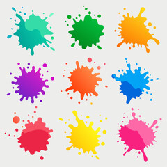 Colored splashes of paint set. Vector illustrations of abstract ink drops and blots with splatters, blue red purple yellow green pink orange inkblots (8)