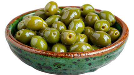 Green olives in a decorative jar on white background