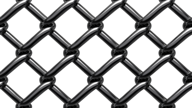 A black metal chain-link fence creates a geometric pattern