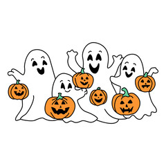 Happy Ghost Family with Pumpkins
