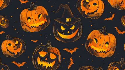 Bright and Playful Glowing Pumpkin Pattern for Halloween with Clear Space