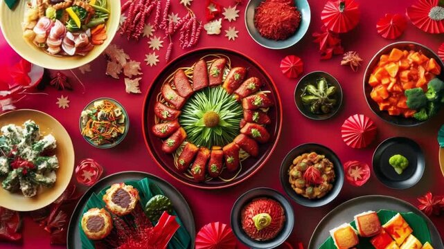 Colorful Chinese New Year feast spread on a traditional table setting.