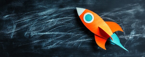 Orange paper rocket ship taking off from chalkboard background