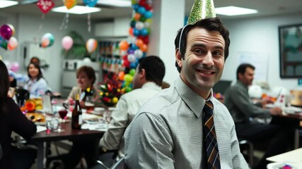 Vibrant office party with diverse employees celebrating together.