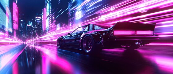 Fototapeta premium Futuristic Synthwave car driving through a neon-lit city streets reflective surfaces glowing lights 80s-inspired atmosphere high contrast vibrant colors cinematic perspective