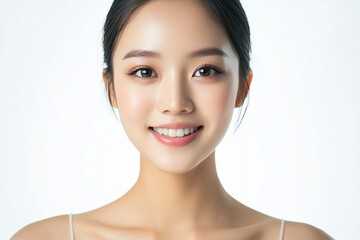 Asian woman positive smile on white background, beauty positive smile