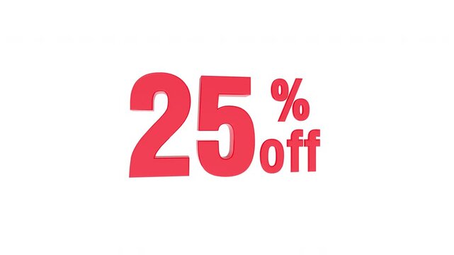 3d animation of 25% of red text of discount sale on clean white background with chroma key and alpha matt to remove or replace background
