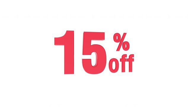 3d animation of 15% of red text of discount sale on clean white background with chroma key and alpha matt to remove or replace background