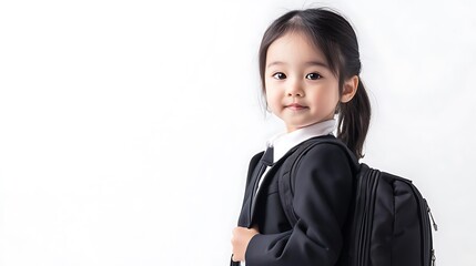 Young girl in a black blazer and white shirt looks at the camera. She is wearing a black backpack and has her hair pulled back in a ponytail.