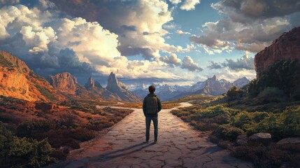 Fototapeta premium A traveler stands at a crossroads, gazing at breathtaking mountains and dramatic clouds, considering their journey ahead during the late afternoon