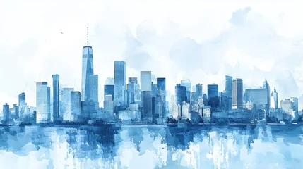 Blue watercolor depiction of a city skyline with tall buildings and reflections on water at sunrise