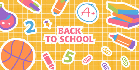 School banner with supplies. Back to school horizontal banner. Supplies is drawn on sheet of notebook paper in grid. Vector illustration