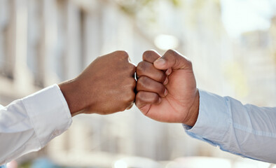Fist bump, outdoor and success of friends, gesture and celebration of win in courtroom, lawyer and teamwork. Hands, agreement and people in New York, victory and attorney for justice, legal and trust