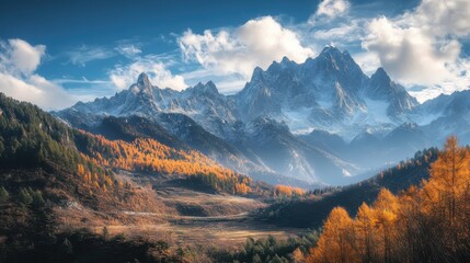 Majestic mountain landscape with autumn foliage and dramatic skies.