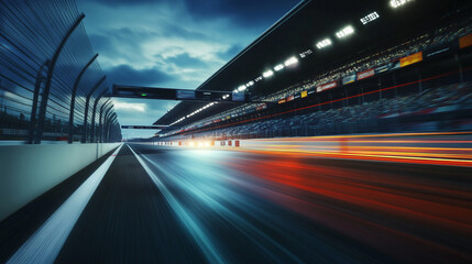 A dramatic view of a race track at dusk, showcasing blurred lights and the anticipation of an upcoming race