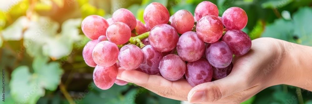 Wall mural Womans Hand Tenderly Holding a Bunch of Freshly Picked Red Grapes on a Sunny Vineyard