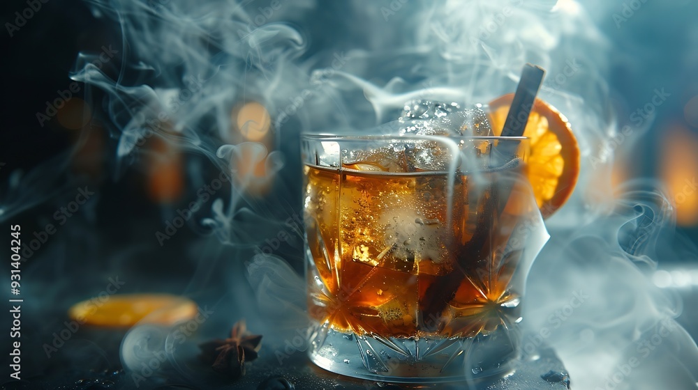 Poster smoked old fashioned rum cocktail or whiskey with ice and cinnamon stick on old black rocks with sli