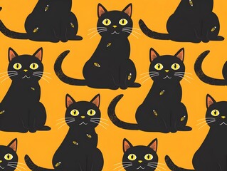 Mischievous Black Cat Pattern with Playful Halloween Theme and Clear Background