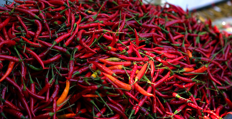 Naklejka premium A heap of chili peppers. Outdoors, market stall in the city. Exotic, vegetarian, ingredients, hot spice and vegetables.