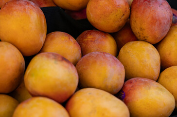 Stacked mangoes at a market stall in the city. Fruit, ripe, exotic, sweet and tasty.