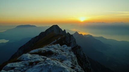 Scenic mountain view at sunrise with a tranquil landscape.