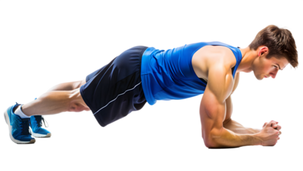A Young man fitness sportive in sports uniform doing plank side view full length on transparency background PNG