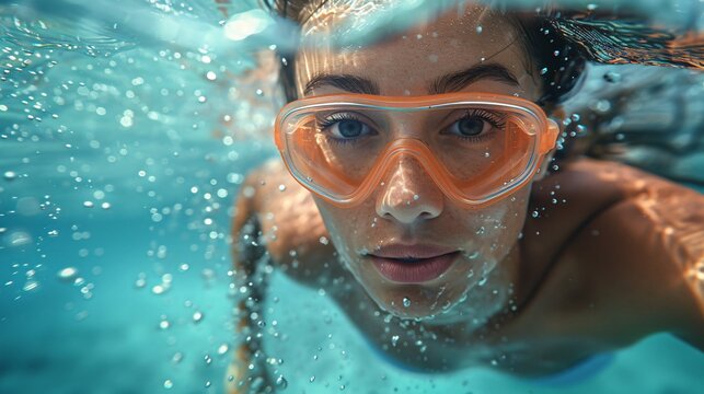 Woman practicing deep water running with a buoyancy belt, aqua jogging workout
