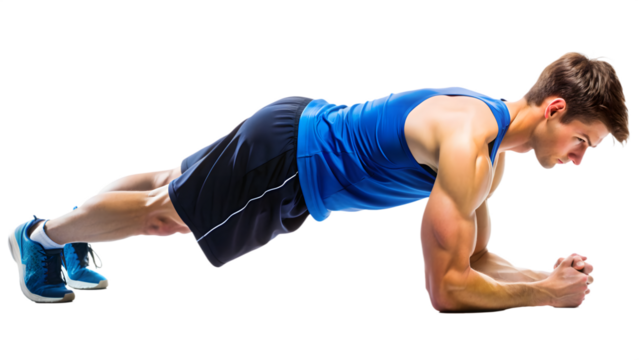 A Young man fitness sportive in sports uniform doing plank side view full length on transparency background PNG