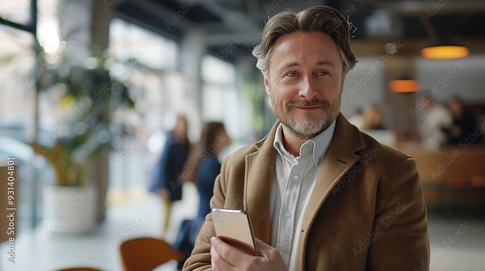 Poster business man portrait and smartphone in office with team in background for corporate work and collab