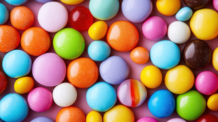 Obraz premium Colorful assortment of round candy and gum balls in various vibrant colors on a pink background.