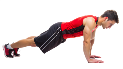 A Young man fitness sportive in sports uniform doing plank side view full length on transparency background PNG