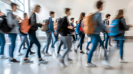 blurred group of young students going to class in fast movement, Generative AI