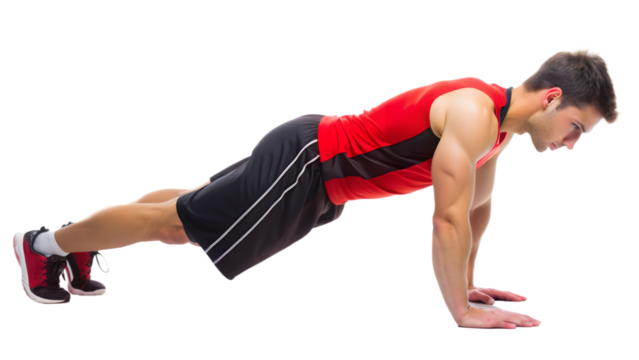 A Young man fitness sportive in sports uniform doing plank side view full length on transparency background PNG