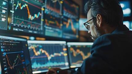 Stock exchange market traders investors working on financial trading charts analysis Two happy busy business men analysts consulting on digital finance forecast using laptop in office  : Generative AI