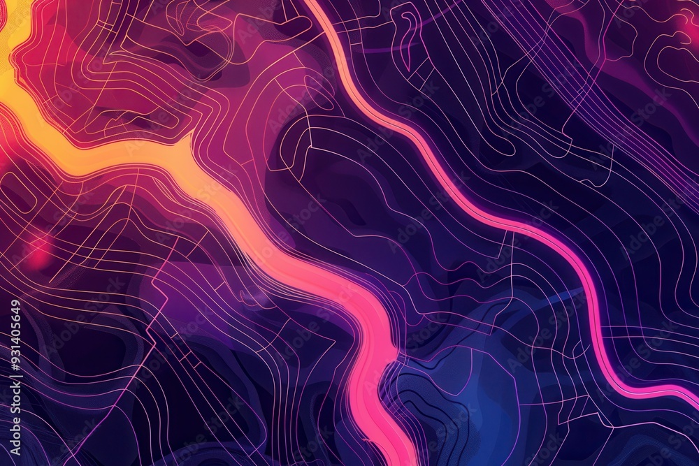 Poster abstract lines crisscross a vibrant map, showcasing routes that symbolize connectivity and direction