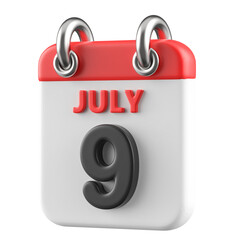 9th July Calendar Icon 3D Render