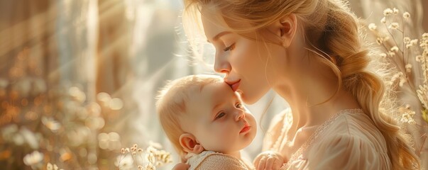 Fototapeta premium Young mother with blonde hair, holding and kissing her baby, tender and loving bond.