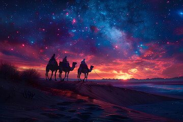 Fototapeta premium Camels Trekking Through Starry Desert Landscape at Sunset