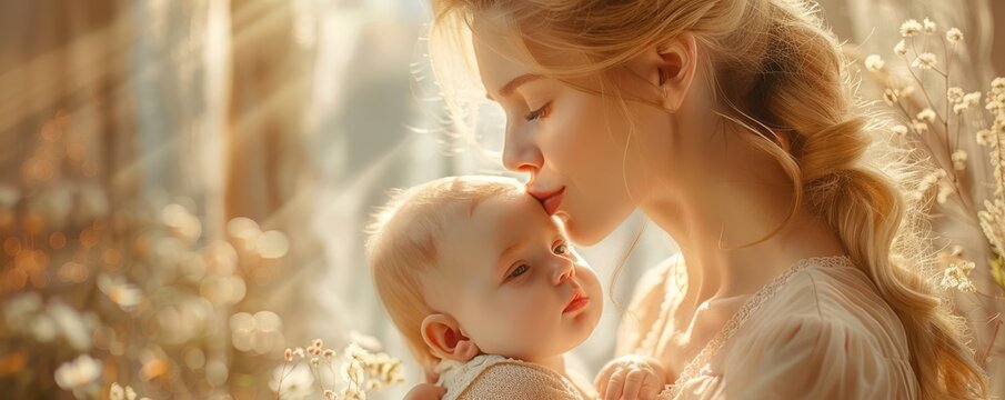 Young mother with blonde hair, holding and kissing her baby, tender and loving bond.