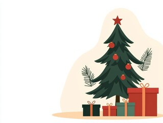 Fototapeta premium Holiday giveaway, Christmas tree surrounded by gifts, flat design illustration