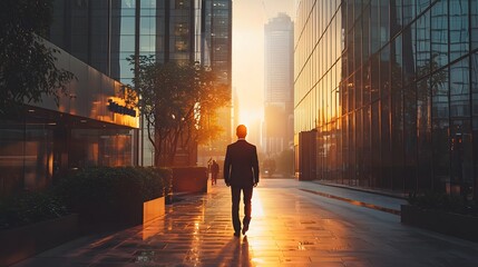Hyper-realistic image of a man in a suit walking reluctantly towards an office building in the early morning.