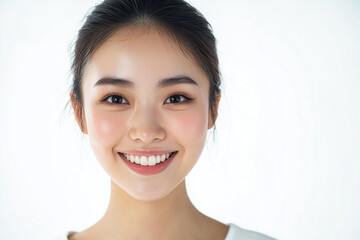 Asian woman positive smile on white background, beauty positive smile