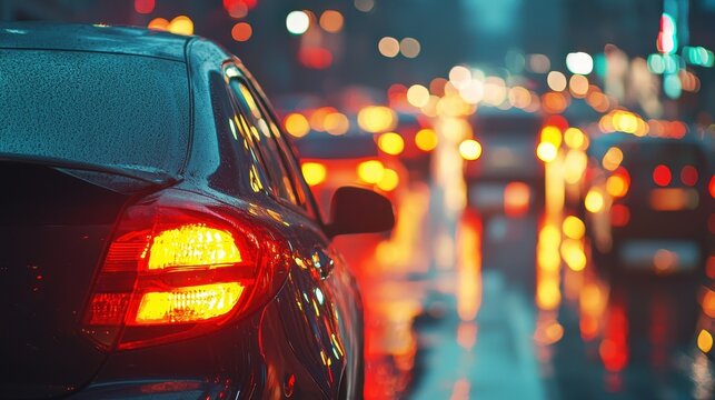 Car in heavy city traffic during evening rush hour