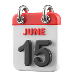15th June Calendar Icon 3D Render