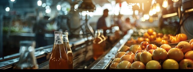 Bottled fruit juice on a production line in a factory setting