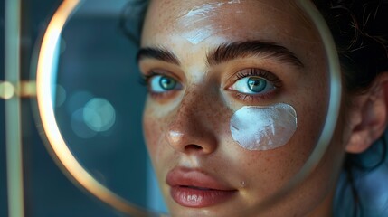 Undereye patches skincare and mirror of woman beauty and routine in morning dark circles and facial Treatment grooming and cleansing of skin proud and reflection of person and aestheti : Generative AI