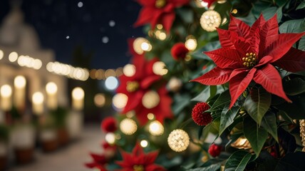 Christmas in Mexico, festive atmosphere vibrant Poinsettia decorations twinkling lights and traditional Mexican elements