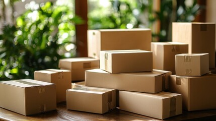 Fototapeta premium Cardboard boxes on a table ready for shipping